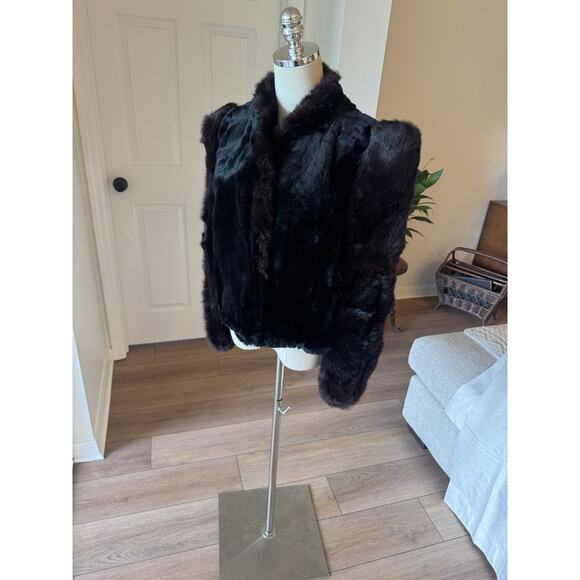 Ultra MCM Glam Rabbit Fur Coat Jacket Black & Brown Sheared Cropped Puff Sleeve - Picture 14 of 16